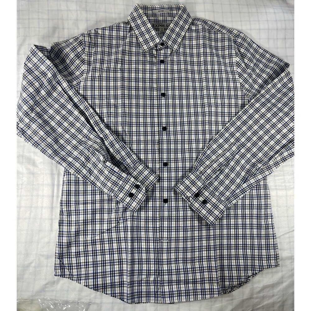 Express Men’s Fitted Button-Down Shirt – Large (16-16.5) – Blue/Gray Plaid